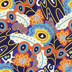 vector colorful doodle freeform shape overlapped seamless pattern on violet