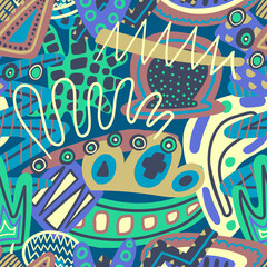 vector colorful doodle freeform shape and lines overlapped seamless pattern on blue background
