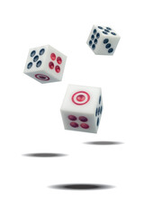 Three falling white casino dice on white background. Close up. Gambling concept.