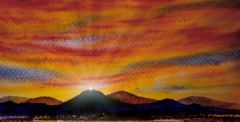 Paintings panorama colorful of sunrise on mountain in the morning