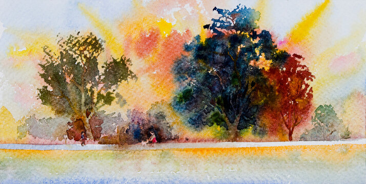 Watercolor landscape painting on paper colorful of girl, boy, cat go for a walk on road
