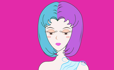 Drawing of a woman with short hair, half blue and pink. illustration vector hand drawn . curled eyelashes.