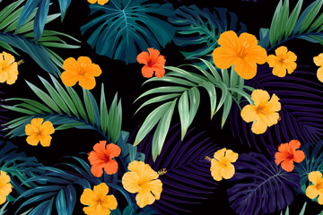 Fototapeta na wymiar Seamless hand drawn tropical vector pattern with bright hibiscus flowers and exotic palm leaves on dark background.