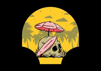 illustration of skull with surfing board under beach umbrella