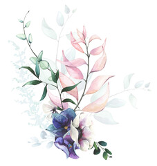 Watercolor arrangement with blue, violet, pink, green, turquoise flowers, branches, leaves, eucalyptus twigs.