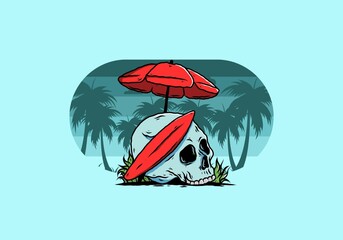 illustration of skull with surfing board under beach umbrella