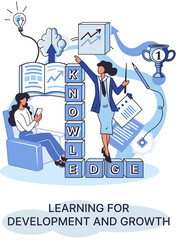 Learning development and growth. Self-learning metaphor, online emoloyee education distance e-learning. Skill improvement. Self development program way to success. Goal achieving professional training