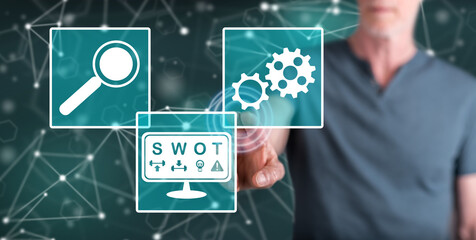 Man touching a swot concept