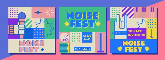 Flat design mosaic music festival. Set of editable template for social media, event poster, flyer, invitation, cover, banner. Summer fest, concept of live music festival, jazz and rock.
