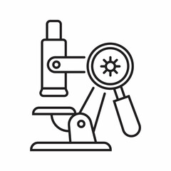 Microscope with bacteria, virus icon in line, outline style. Chemical laboratory.