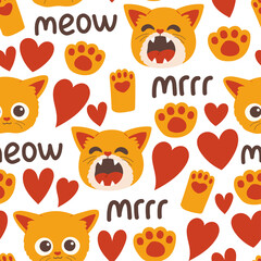 Cat muzzle and paw seamless pattern vector