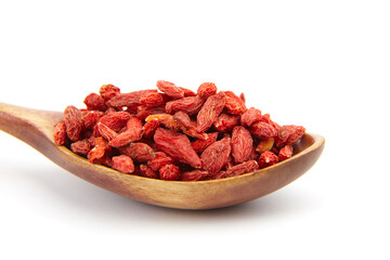Dried goji berries in wooden spoon isolated on white