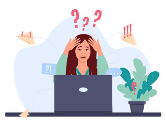 Girl is sitting in front of a laptop, holding her head in her hands. Young woman is panicking. Vector illustration in flat style on a white background