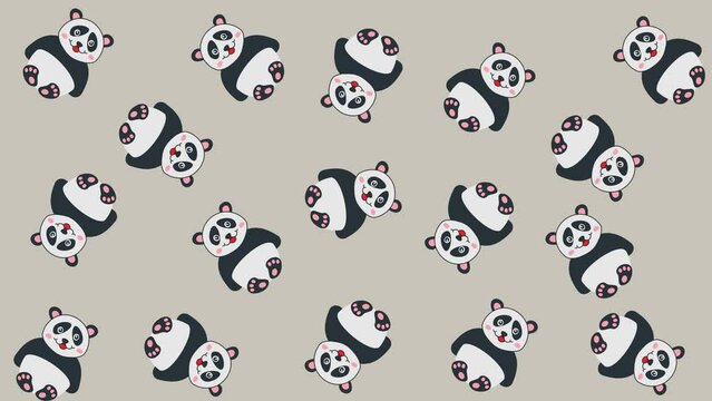 Several pandas in random movements on a grey and green background - animation