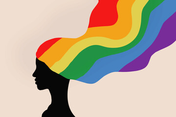 African American silhouette with rainbow hair. Pride to be black LGBTQ concept illustrated by female, she protect gender equality with love without race and gender, love is love. LGBT Pride Month flag