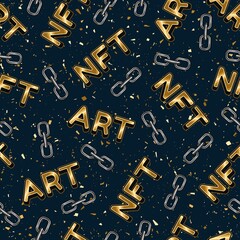 Fototapeta na wymiar NFT ART pattern. Gold inscription NFT ART, fragments of chains on a dark blue background with gold dust. Vector illustration.