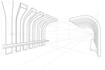 Linear architectural sketch pergola with bench perspective on white background - obrazy, fototapety, plakaty