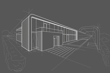 Linear architectural sketch residental building - cottage perspective on gray background