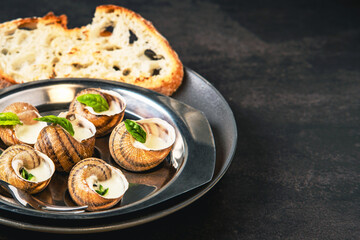 Bourgogne escargot snails with garlic, herbs, butter sauce and bread in aluminum pan on dark background.