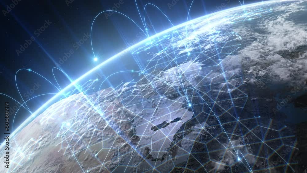 Canvas Prints growing network grid over the earth at sunset. digital worldwide blue abstract net expansion view fr