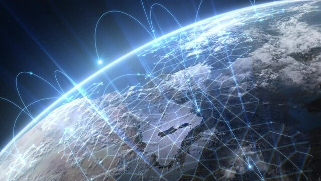 Growing Network Grid Over the Earth at Sunset. Digital Worldwide Blue Abstract Net Expansion View from Satellite Orbiting the Planet 3d Animation Internet Business Technology Concept 4k UHD 3840x2160