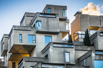 View on the Habitat 67 an apartment complex in Montreal (Quebec, Canada) designed by Moshe Safdie
