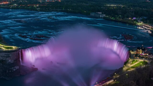 4K Timelapse Sequence of Niagara Falls, Canada - The Horseshoe Falls at night from the Skylon Tower