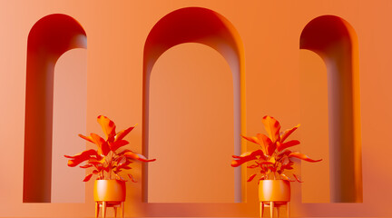 Fototapeta premium 3D render of orange Three archs background, abstract podium, plant, leaf, green, decoration, tropical, foliage, leaves