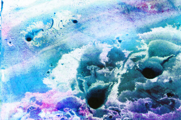 Abstract sky landscape watercolor hand drawn illustration. Bright purple blue colors watercolor landscape. Minimalist hand drawn illustration card background poster banner. Hand drawn watercolor