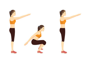 Sportswomen do Hindu Squats Exercise in 3 steps. Illustration about workout diagram for Glutes and hip and Shoulder muscles.
