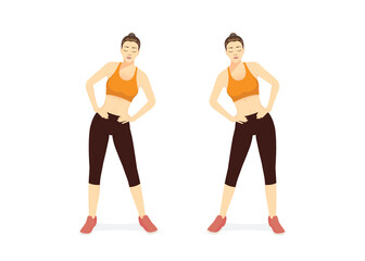 Obraz na płótnie Canvas Sportswomen do Hip Circles Exercise in right and left sides. Illustration about workout diagram for warm up and cool down for muscles stretch. waist, belly, Abdominal.