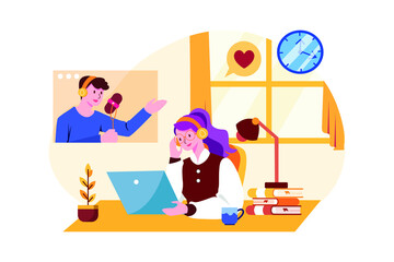 Woman Listening To The Podcast While Working