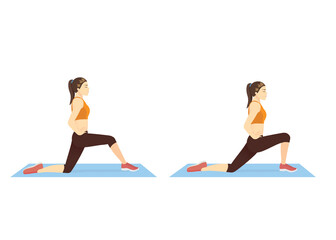 Women doing Hip Flexor Stretch pose for exercise. in 2 steps. Illustration about workout diagram for relaxing muscles at leg, thing, hip, spine.