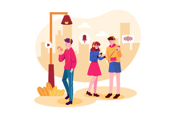 People Listen To Podcasts While Walking On The Street