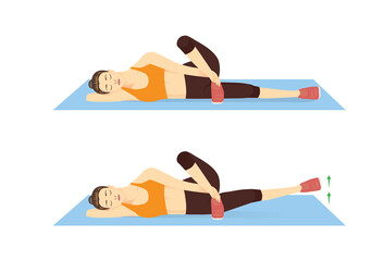 Women doing Lying Crossover Leg Lift Exercise in 2 steps. Illustration about workout diagram for muscles stretch, leg, thing, hip.