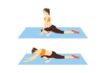 Women doing Pigeon glute stretch pose for backstretch exercise in 2 steps. Illustration about workout diagram for warm up and cool down for muscles stretch.