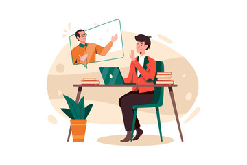 Male student attending the webinar Illustration concept. Flat illustration isolated on white background.