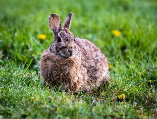 A striking close-up of a cottontail rabbit in profile on a grassy lawn with dandelions and dew

