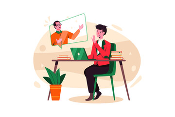 Male student attending the webinar Illustration concept. Flat illustration isolated on white background.
