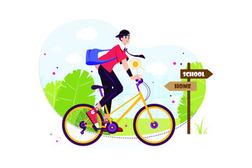 Student riding cycle to reach school Illustration concept. Flat illustration isolated on white background.