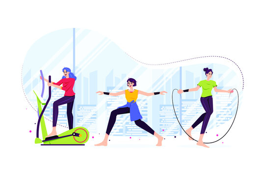 Ladies doing exercise and gym activity Illustration concept. Flat illustration isolated on white background.