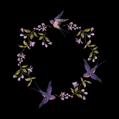 Beautiful bouquet of lilac blossom and swallows , classic embroidery pattern for clothes. - 506903529
