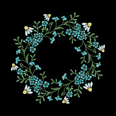 Embroidery trend floral pattern  with  forget-me-nots and chamomile. - 506903530