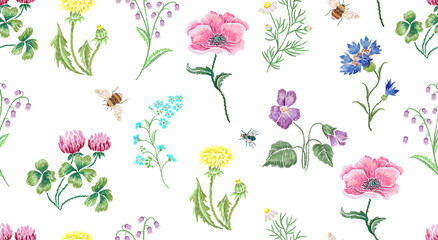 Embridery  florall seamless pattern with wild flowers.