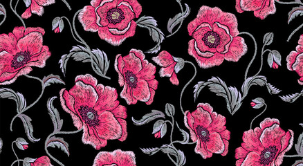 Embroidery floral pattern with pink poppies. - 506903537