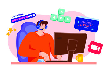 Man streaming live gaming Illustration concept. Flat illustration isolated on white background.