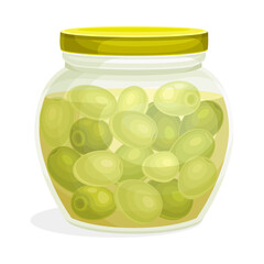 Canned Jar with Olives Cultivar with Small Green Drupe Fruit in Marinade Vector Illustration