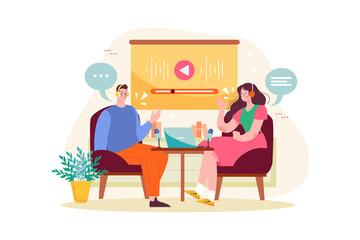 Man and woman recording a podcast conversation