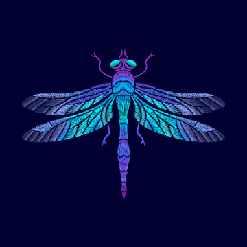Embroidered dragonfly in summer nigt, decorative element for embroidery, patches and stickers in summer nigt