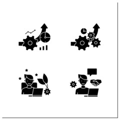 Business automation glyph icons set.Increased efficiency, favorite job, open collaboration, greater productivity. Business optimization.Filled flat signs. Isolated silhouette vector illustrations
